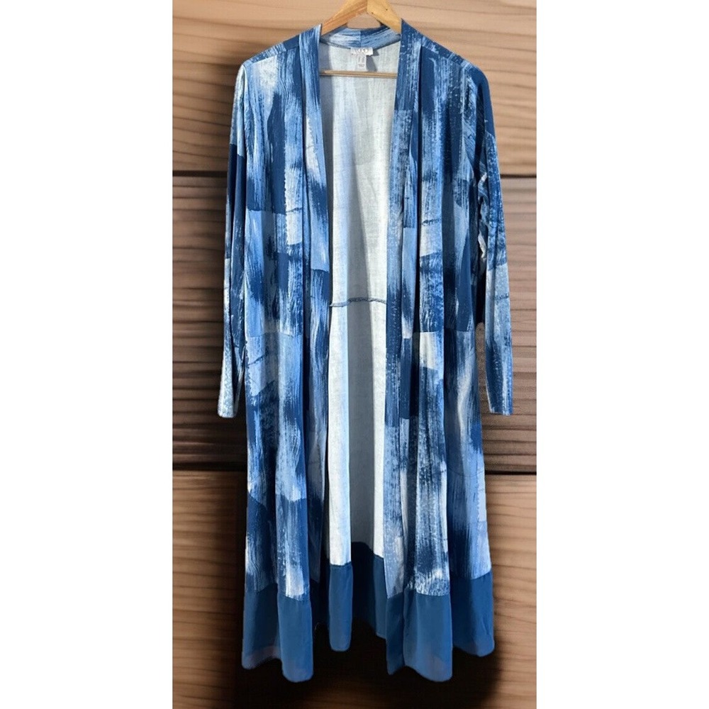 LOGO Lori Goldstein Leticia Blue Rayon Duster‎ With Chiffon Hem EUC Sz 1X